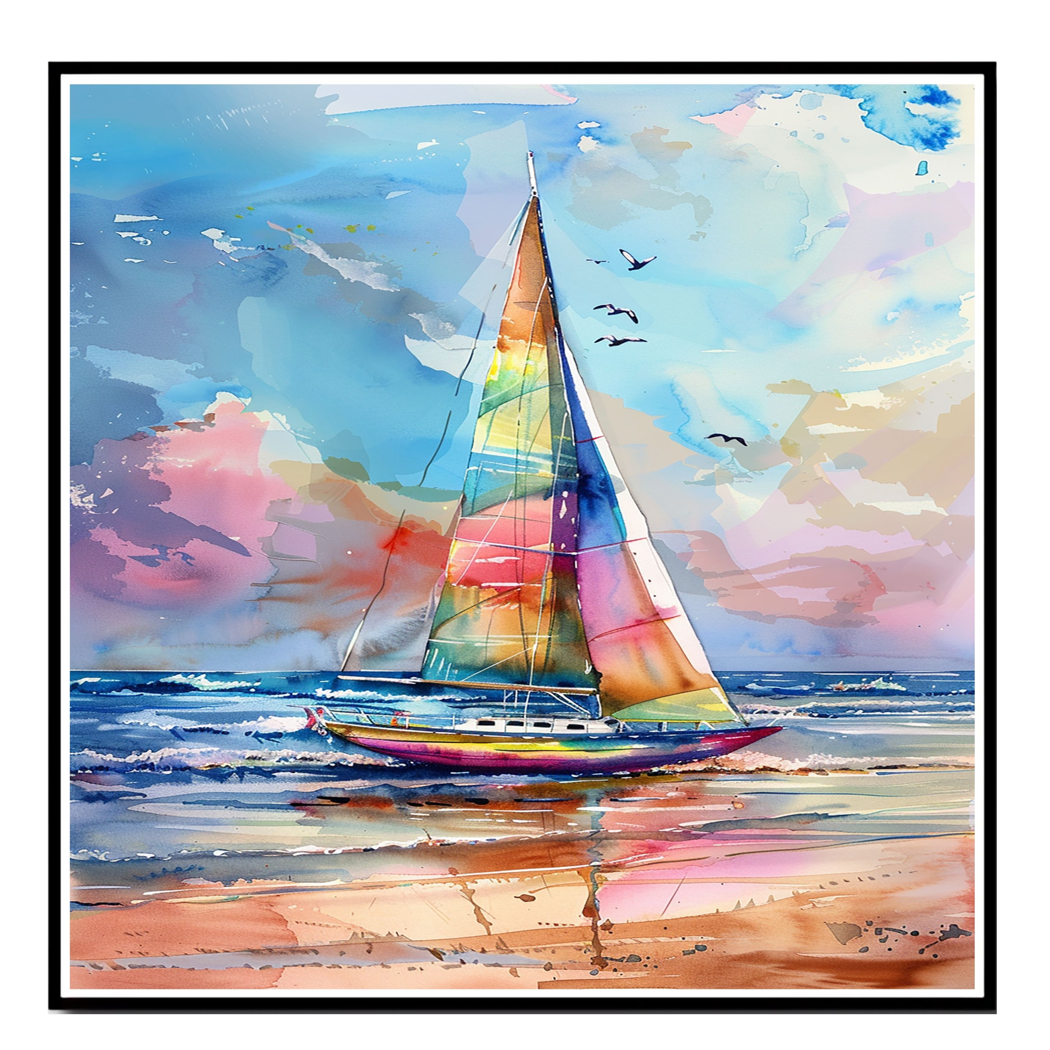 Watercolor Painting of Multicolored Sailboat on Ocean Waves Canvas